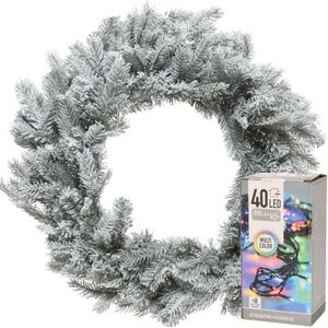 Decoris Kerstkrans - groen met sneeuw - D50 cm - incl. verlichting gekleurd