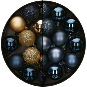 Atmosphera Mini kerstballen - 36x - donkerblauw/goud - 3 cm - kunststof - kerstversiering