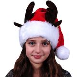 Set van 2x stuks pluche kerstmuts met rendieren hoorns en oren voor kinderen rood/wit - Kerstaccessoires/kerst verkleedaccessoires