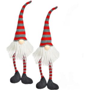 Set van 2x stuks pluche gnome/dwerg decoratie poppen/knuffels wit/rood/grijs 6 x 8 x 50 cm - Kerstgnomes/kerstkabouters