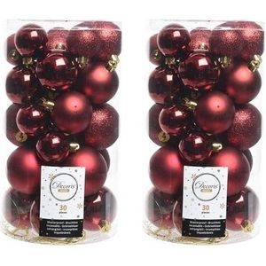60x Donkerrode kunststof kerstballen 4 - 5 - 6 cm - Mat/glans/glitter - Onbreekbare plastic kerstballen - Kerstboomversiering zwart