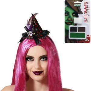 Verkleed setje heks - Mini heksenhoed op diadeem en schmink setje - Carnaval/Halloween thema