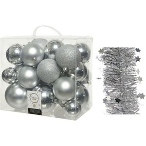 Kerstversiering kunststof kerstballen 6-8-10 cm met sterren folieslingers pakket zilver van 28x stuks - Kerstboomversiering