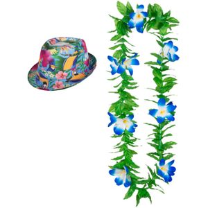 Hawaii thema party verkleedset - Hoedje Tropical print - bloemenkrans groen/blauw - Tropical toppers - voor volwassenen