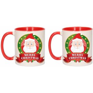 Set van 2x stuks kerst bekers / mokken - rood met wit - 300 ml keramiek - Kerstman print