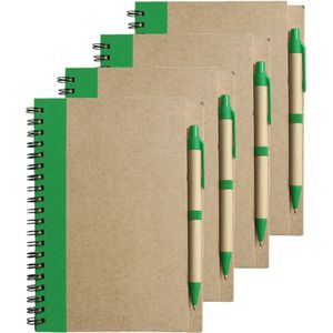 Notitie/opschrijf boekje met balpen - 4x - harde kaft - beige/groen - 18x13cm - 60blz gelinieerd - blocnotes