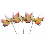 Set van 3x stuks metalen vlinder geel/oranje 11 x 70 cm op steker - Tuindecoratie vlinders - Dierenbeelden