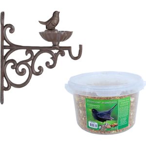 Wand vogel voederbak/drinkbak met haak gietijzer 19 cm inclusief 4-seizoenen mueslimix vogelvoer - Vogel voederstation