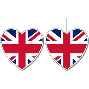 3x stuks engeland/United Kingdom vlag hangdecoratie hartjes vorm karton 14 cm - Brandvertragend - Feestartikelen/decoraties
