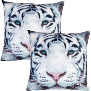 Set van 2x stuks woon sierkussen witte tijger foto print 40 x 40 cm - Tijgerprint dieren kussen - Woonaccessoires