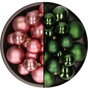 Kerstversiering kunststof kerstballen kleuren mix oud roze/donkergroen 6-8-10 cm pakket van 44x stuks