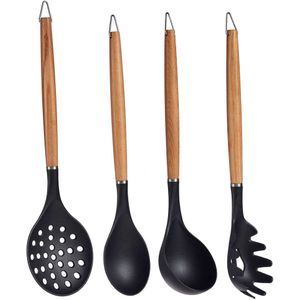 Kook/keuken gerei - set van 4x stuks - zwart/bruin - kunststof/hout - keuken/kook accessoires