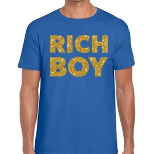 Rich boy goud glitter tekst t-shirt blauw voor heren