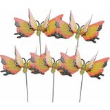 Set van 5x stuks metalen vlinder geel/oranje 11 x 70 cm op steker - Tuindecoratie vlinders - Dierenbeelden