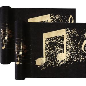 Santex muziek thema tafelloper op rol - 10 m x 30 cm - zwart/goud - non woven polyester