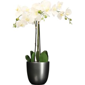 Orchidee kunstplant wit - 75 cm - inclusief bloempot titanium grijs glans - Kunstbloemen in pot