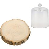 Decoratie stolp met boomschijf - glas/hout - D17 x H16 cm - deco cloche - hobby/woonaccessoire