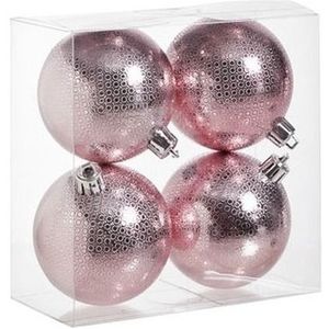 12x Roze kunststof kerstballen 8 cm - Cirkel motief - Onbreekbare plastic kerstballen - Kerstboomversiering roze