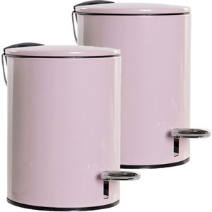 2x stuks metalen vuilnisbakken/pedaalemmers roze 3 liter 23 cm - Afvalemmers - Kleine prullenbakken