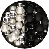 Mini kerstballen - 48x st - zilver en zwart - 2,5 cm - glas - kerstversiering