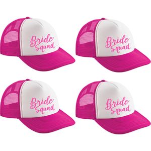 Bellatio Decorations Vrijgezellenfeest pet voor dames - 4x - roze/wit - Bride Squad - trouwen/bruiloft