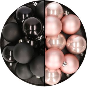 24x stuks kunststof kerstballen mix van zwart en lichtroze 6 cm - Kerstversiering