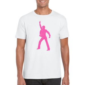Bellatio Decorations Verkleed T-shirt heren - disco - wit - roze glitter - jaren 70/80 - carnaval