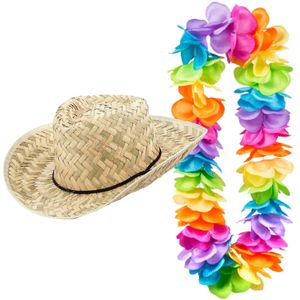 Carnaval verkleedset - Tropische Hawaii party - strohoed - en volle gekleurde bloemenslinger - voor volwassenen