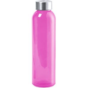 Glazen waterfles/drinkfles fuchsia roze transparant met RVS dop 500 ml - Sportfles - Bidon