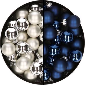 Mini kerstballen - 48x st - zilver en donkerblauw - 2,5 cm - glas - kerstversiering