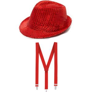 Folat - Verkleedkleding set - Glitter hoed/bretels rood volwassenen