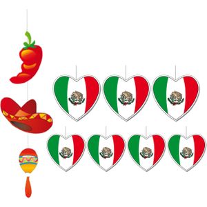 8-delige hou van Mexico versiering set hartjes 14 cm/28 cm en hangslinger - Thema feestartikelen