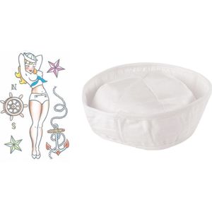 Carnaval verkleed Matrozen hoedje - wit - met zeeman plak tatoeages - volwassenen - accessoires set