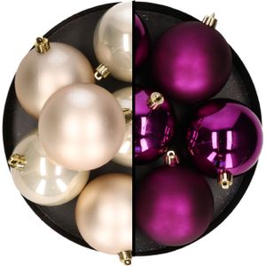 Decoris Kerstballen - 12x st - 8 cm - champagne en paars - kunststof