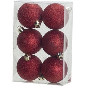 6x Rode kunststof/plastic kerstballen 6 cm - Glitters - Onbreekbare kerstballen - Kerstboomversiering rood