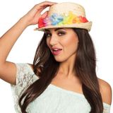 Toppers in concert Stro verkleed hoedje met Hawaii party krans - Tropische feest thema hoeden
