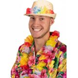 Toppers Stro verkleed hoedje met Hawaii party krans - Tropische feest thema hoeden
