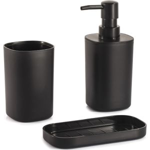 MSV Badkamer accessoires set 3-delig Lona - Kunststof - Zwart - Zeeppompje/beker/schaaltje