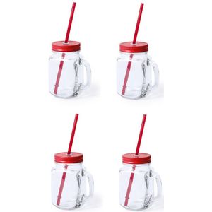 6x stuks Glazen Mason Jar drinkbekers rode dop en rietje 500 ml - afsluitbaar/niet lekken/fruit shakes