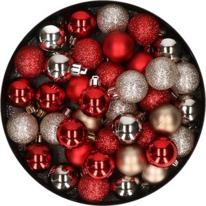 Kleine kunststof kerstversiering 40x stuks set en 3 cm kerstballen in het champagne en rood - Voor kleine kerstbomen