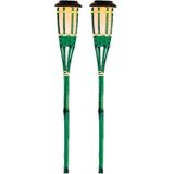 2x Groene buiten/tuin Led fakkel Bodi solar verlichting bamboe 54 cm vlam - Tuinfakkel - Tuinlampen - Lampen op zonne-energie