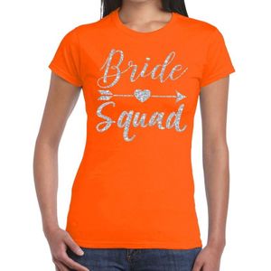 Bride Squad Cupido zilver glitter tekst t-shirt oranje dames - dames shirt Bride Squad- Vrijgezellenfeest kleding