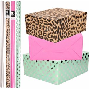 8x Rollen transparante folie/inpakpapier pakket - panterprint/roze/groen met zilveren stippen 200 x 70 cm - dierenprint papier