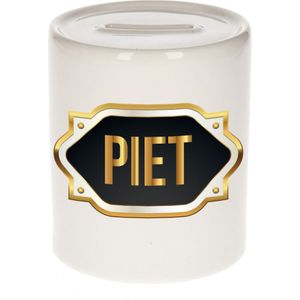 Piet naam cadeau spaarpot met gouden embleem - kado verjaardag/ vaderdag/ pensioen/ geslaagd/ bedankt