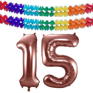 Folat folie ballonnen - Leeftijd cijfer 15 - brons - 86 cm - en 2x slingers