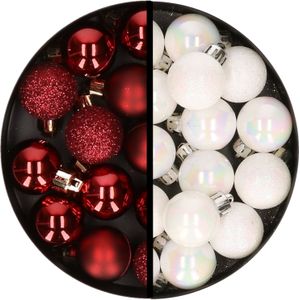 Kerstballen 34x st - 3 cm - donkerrood en parelmoer wit - kunststof