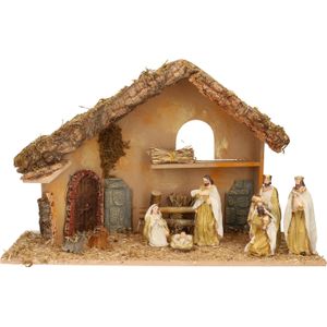 Complete kerststal met 8x st kerststal beelden - 50 x 23 x 31 cm -hout/polyresin