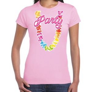 Bellatio Decorations Tropical party T-shirt dames - bloemenkrans - licht roze - carnaval/themafeest