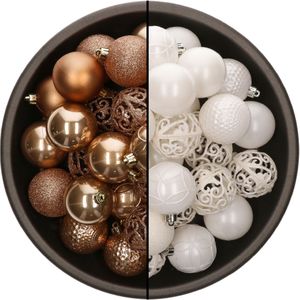 Bellatio Decorations Kerstballen mix - 74-delig - camel bruin en wit - 6 cm - kunststof