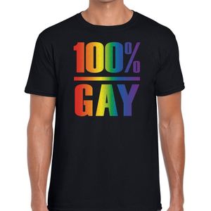 100%gay t-shirt -  zwart gaypride shirt met regenboog tekst voor heren - Gay pride